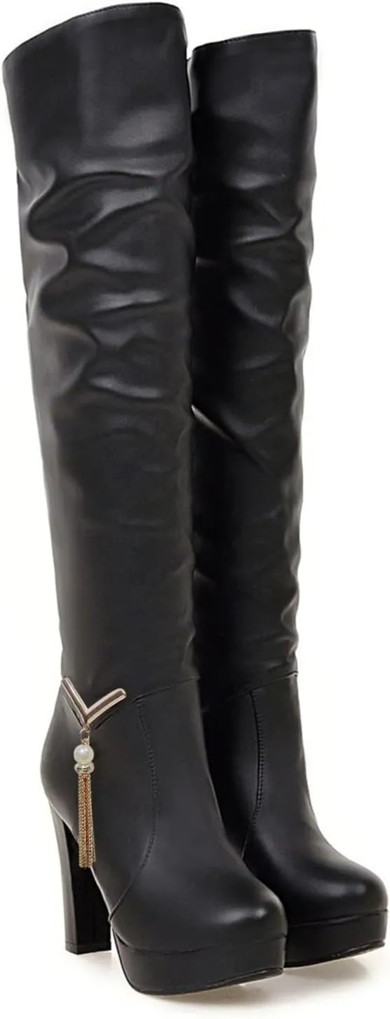 ZDLJYL Women's Thigh High Over The Knee Fashion Boots Block Mid Heel Long Sexy Faux Fur Boots Platform Knee High Boots