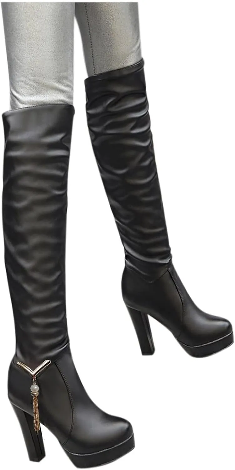 ZDLJYL Women's Thigh High Over The Knee Fashion Boots Block Mid Heel Long Sexy Faux Fur Boots Platform Knee High Boots