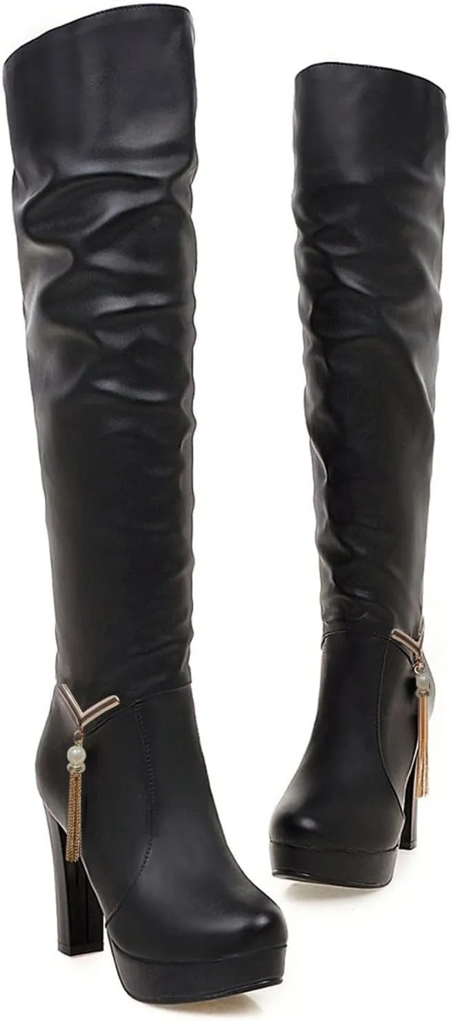 ZDLJYL Women's Thigh High Over The Knee Fashion Boots Block Mid Heel Long Sexy Faux Fur Boots Platform Knee High Boots
