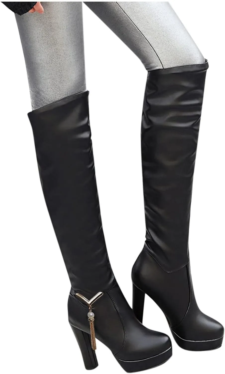 ZDLJYL Women's Thigh High Over The Knee Fashion Boots Block Mid Heel Long Sexy Faux Fur Boots Platform Knee High Boots