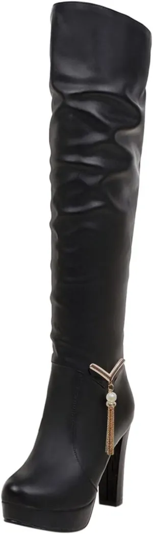 ZDLJYL Women's Thigh High Over The Knee Fashion Boots Block Mid Heel Long Sexy Faux Fur Boots Platform Knee High Boots
